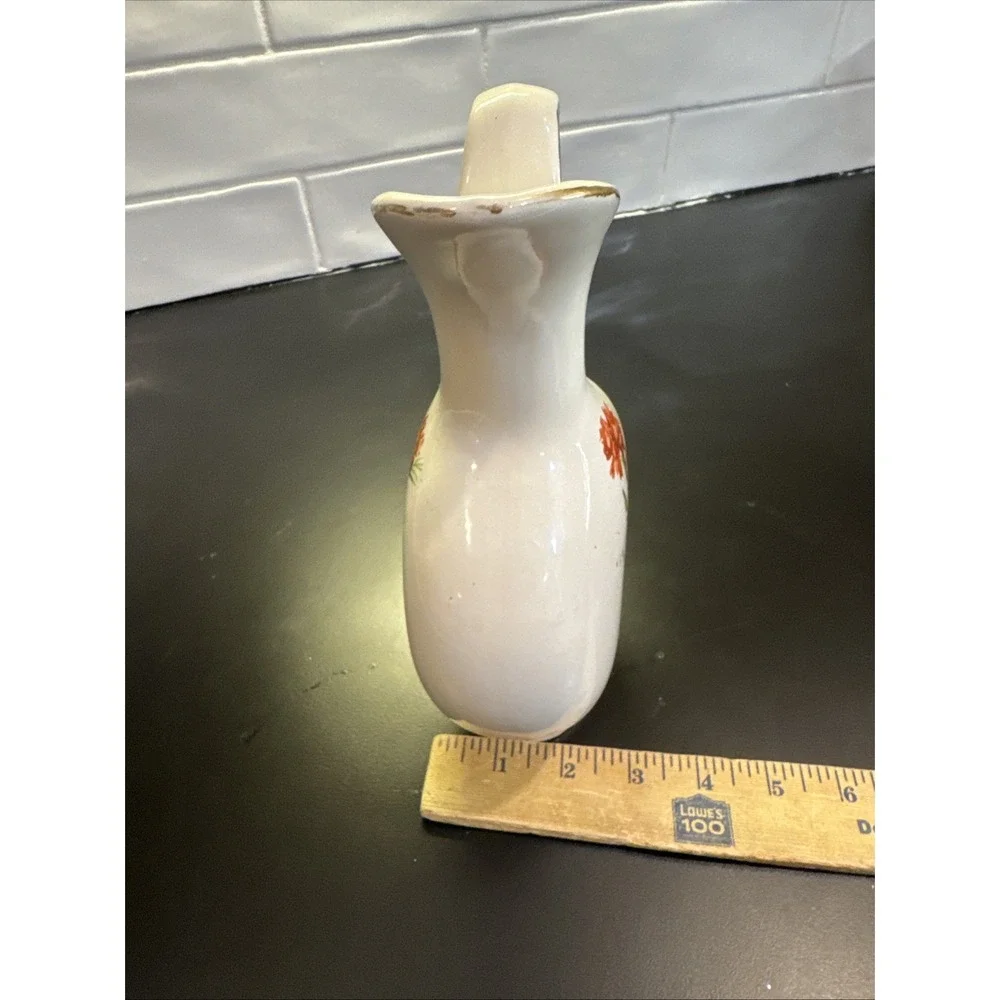 Vintage Porcelain Glazed Pitcher‎ Vase Gold Trim  Floral lily-of-the-valley 8.5